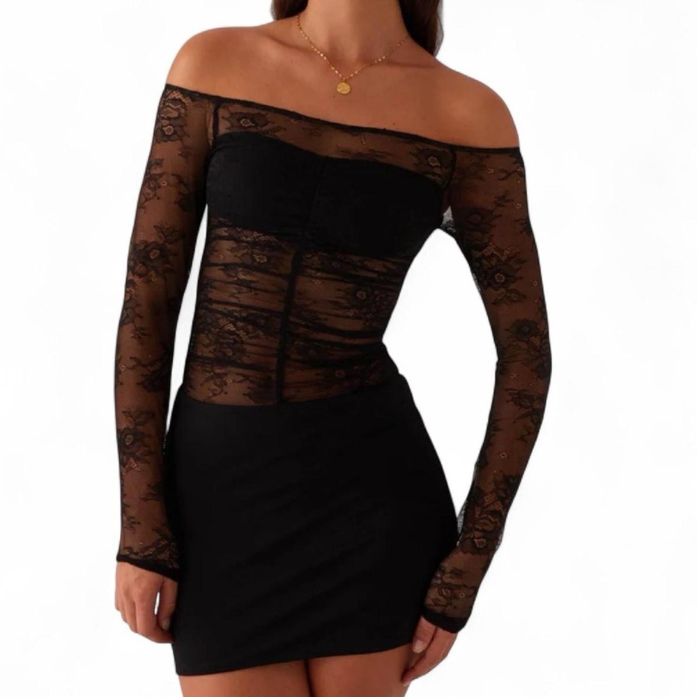 Peppermayo Black Lace Off-Shoulder Mini Dress
